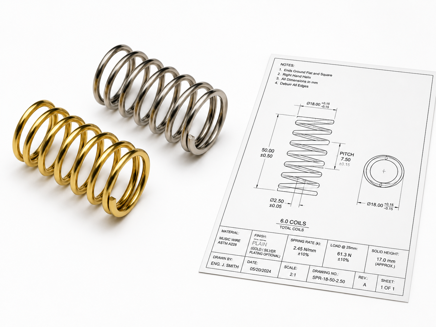 Gold and silver coil springs placed beside a technical drawing with measurements on a white background, suggesting mechanical design.