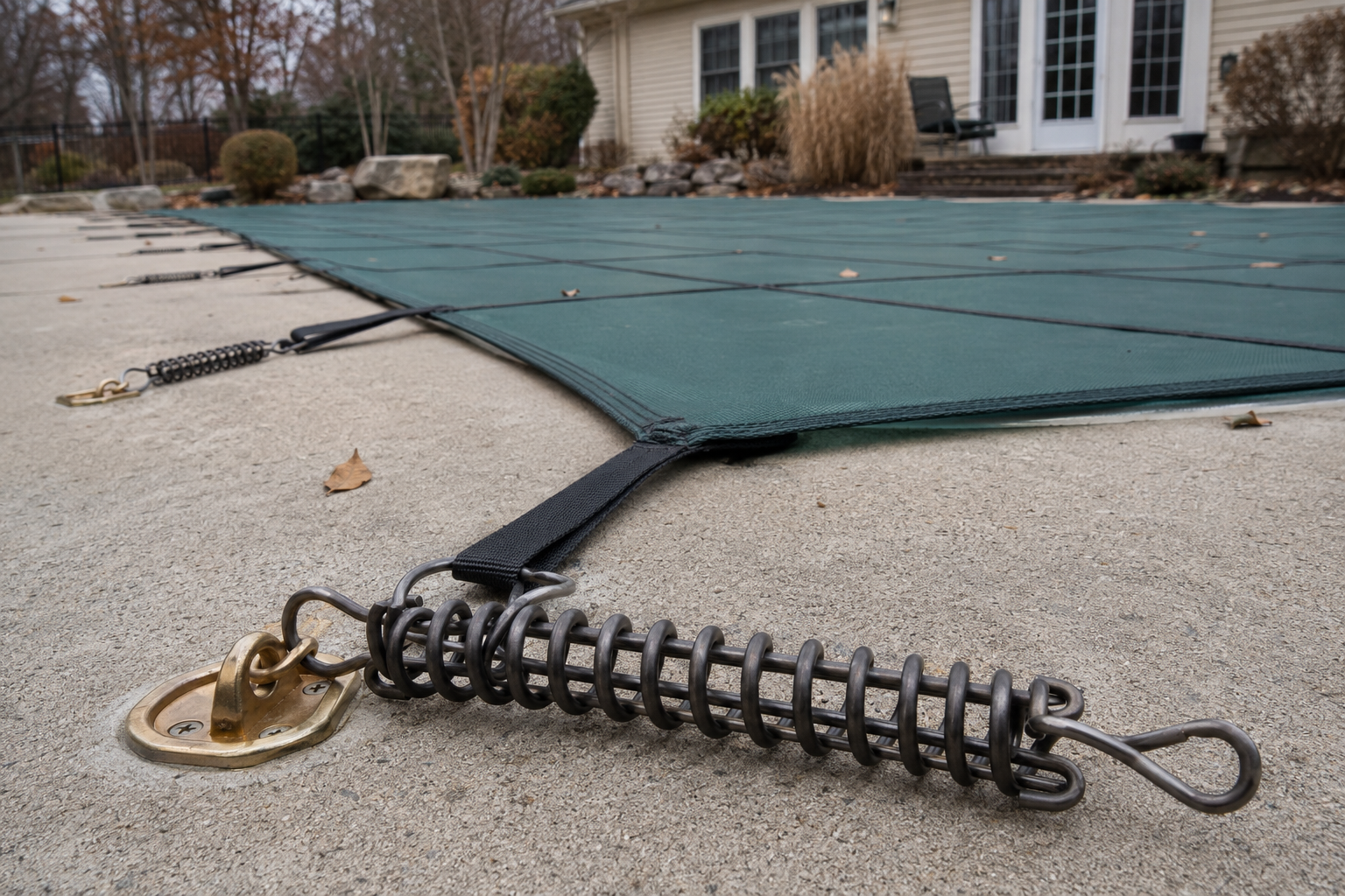 pool cover springs attached to a safety cover around an in ground swimming pool